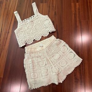 Rebellion Crochet Top Shorts Set Sleeveless Crop Top Light Beige Sz Extra Small